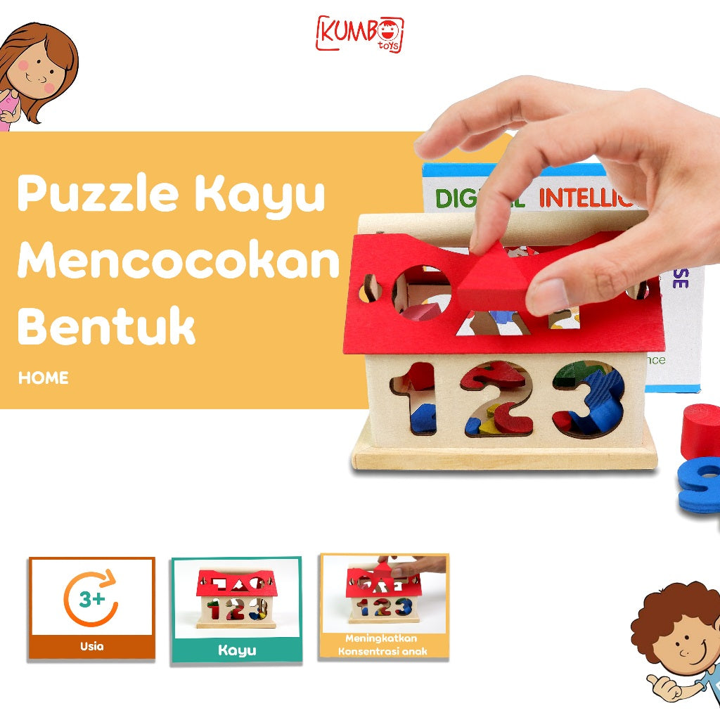 Mainan Edukasi Anak Puzzle Kayu Mencocokan Bentuk Geometri Bentuk Rumah Kubus