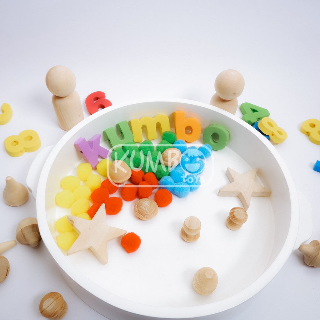 Tray Montessori Tray Bulat Putih Kayu Sensory Tray Nampan Bermain