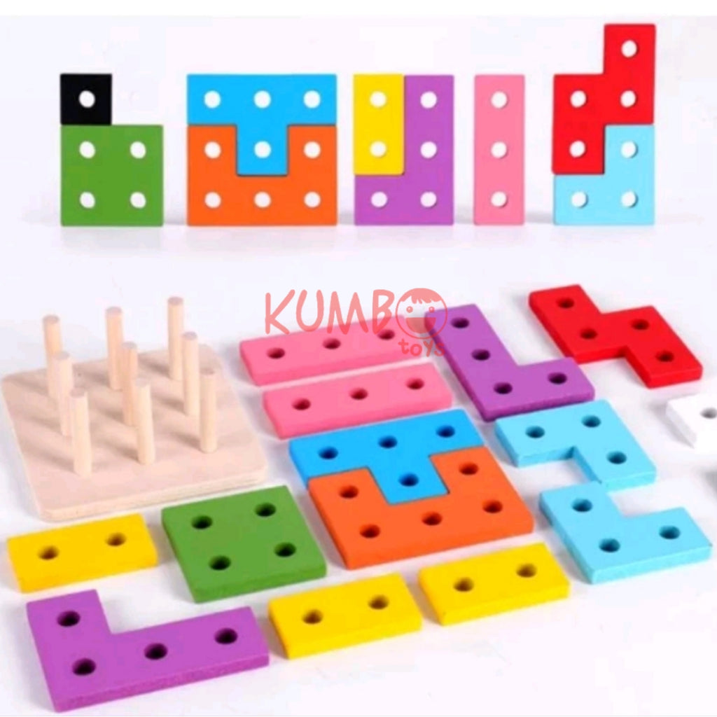 Mainan Edukasi Anak Puzzle Kayu Geometri Pilar Kotak Menara Tetris