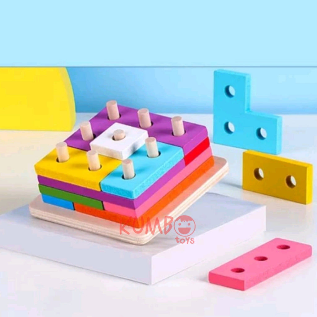 Mainan Edukasi Anak Puzzle Kayu Geometri Pilar Kotak Menara Tetris