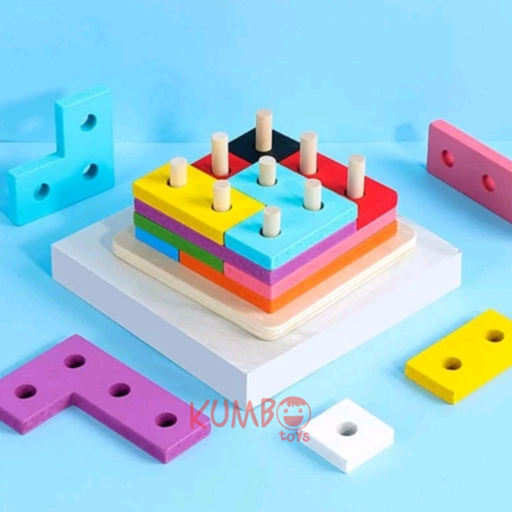 Mainan Edukasi Anak Puzzle Kayu Geometri Pilar Kotak Menara Tetris