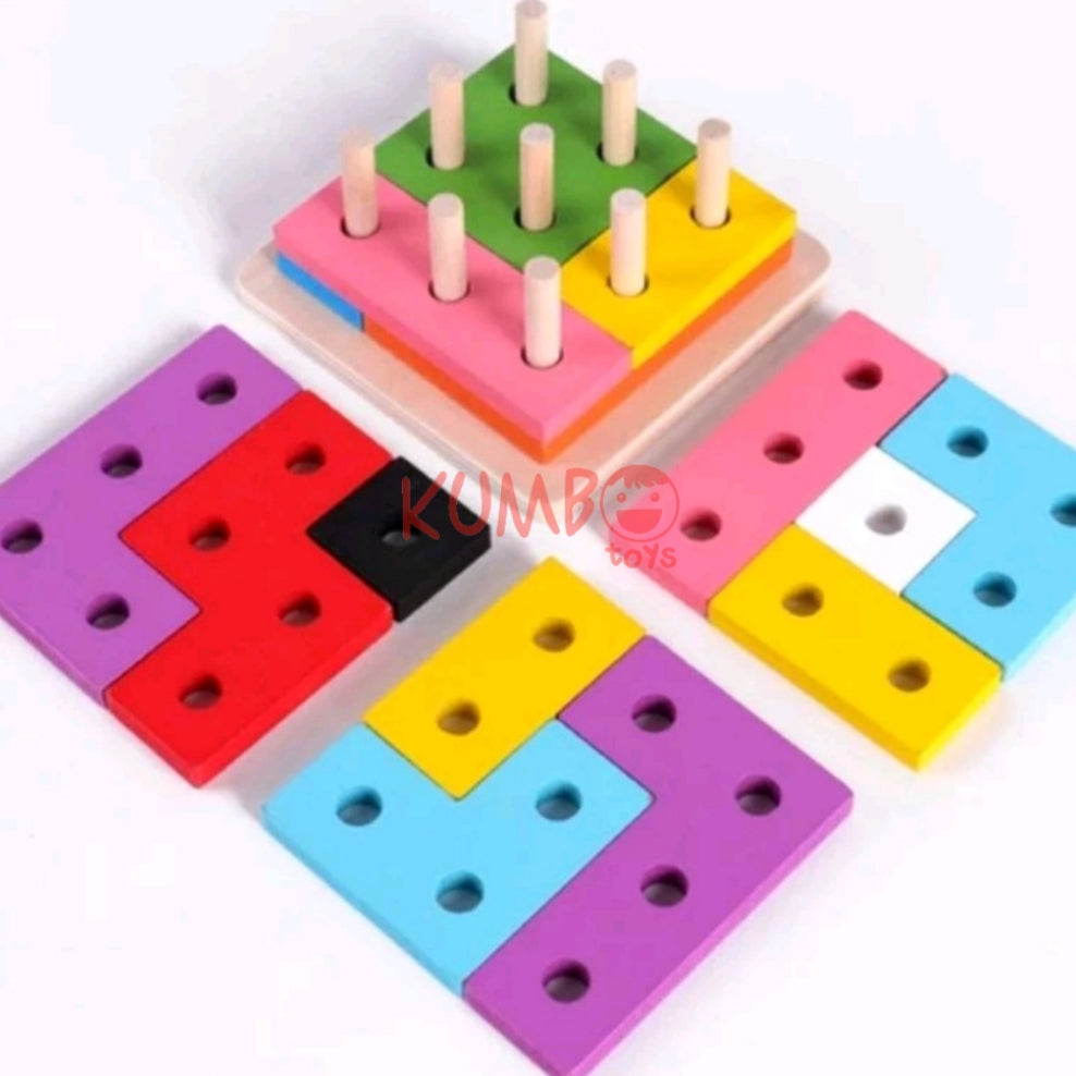 Mainan Edukasi Anak Puzzle Kayu Geometri Pilar Kotak Menara Tetris