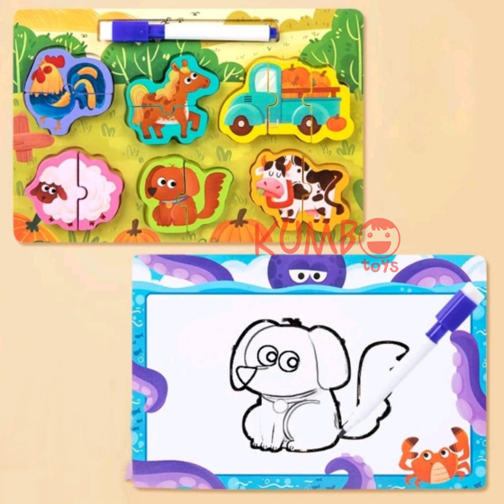 Mainan Edukasi Anak Puzzle 3D Chunky Kayu Papan Tulis 2 in 1