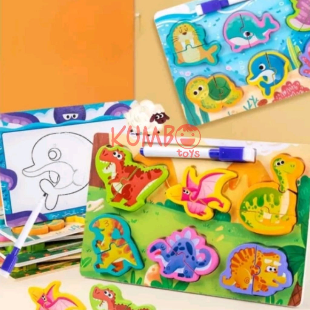 Mainan Edukasi Anak Puzzle 3D Chunky Kayu Papan Tulis 2 in 1