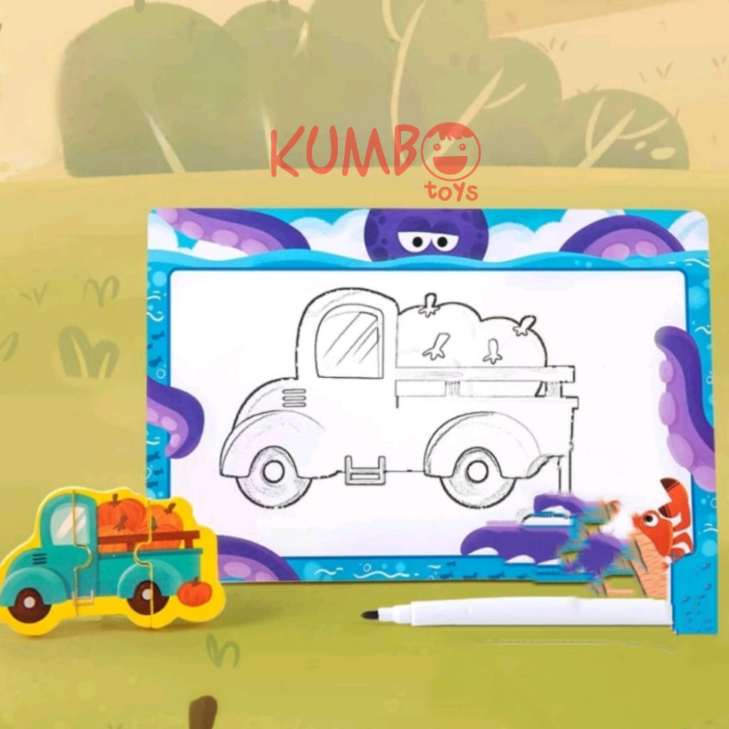 Mainan Edukasi Anak Puzzle 3D Chunky Kayu Papan Tulis 2 in 1