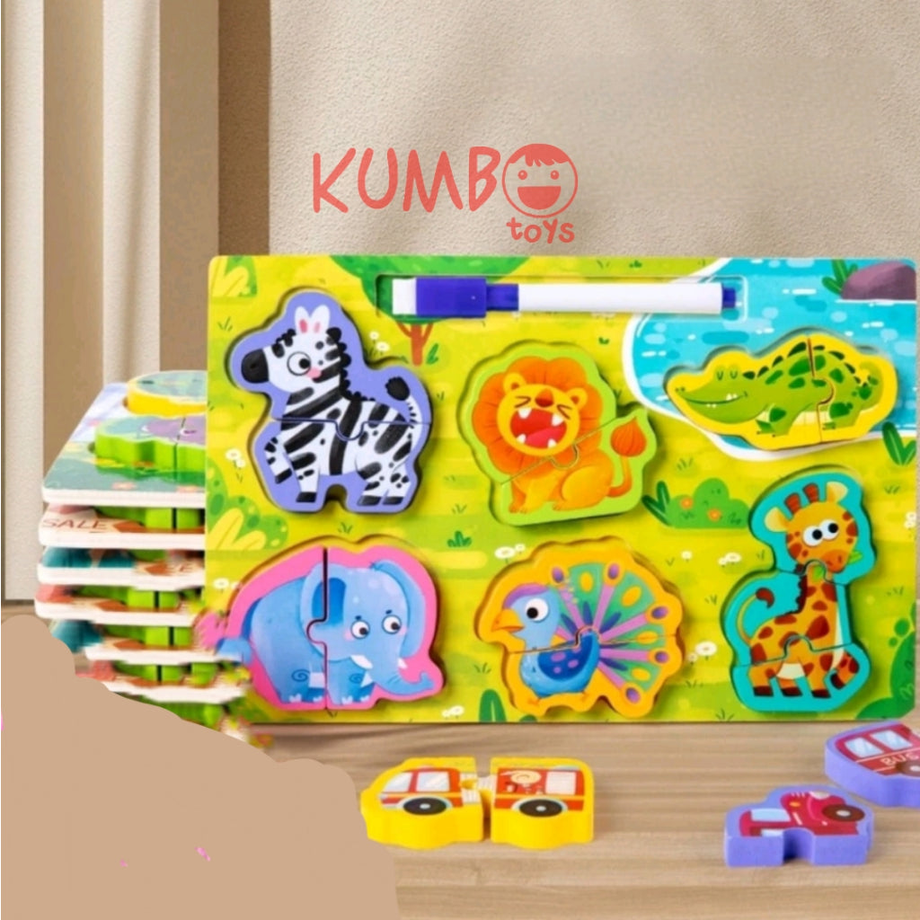 Mainan Edukasi Anak Puzzle 3D Chunky Kayu Papan Tulis 2 in 1