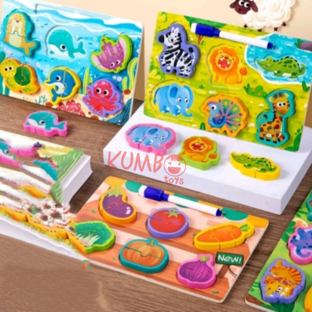 Mainan Edukasi Anak Puzzle 3D Chunky Kayu Papan Tulis 2 in 1