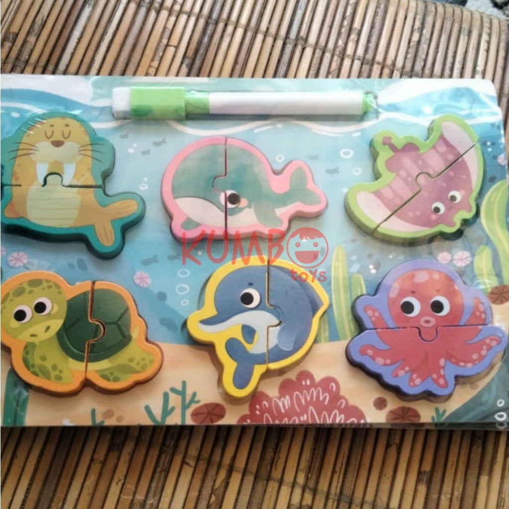 Mainan Edukasi Anak Puzzle 3D Chunky Kayu Papan Tulis 2 in 1