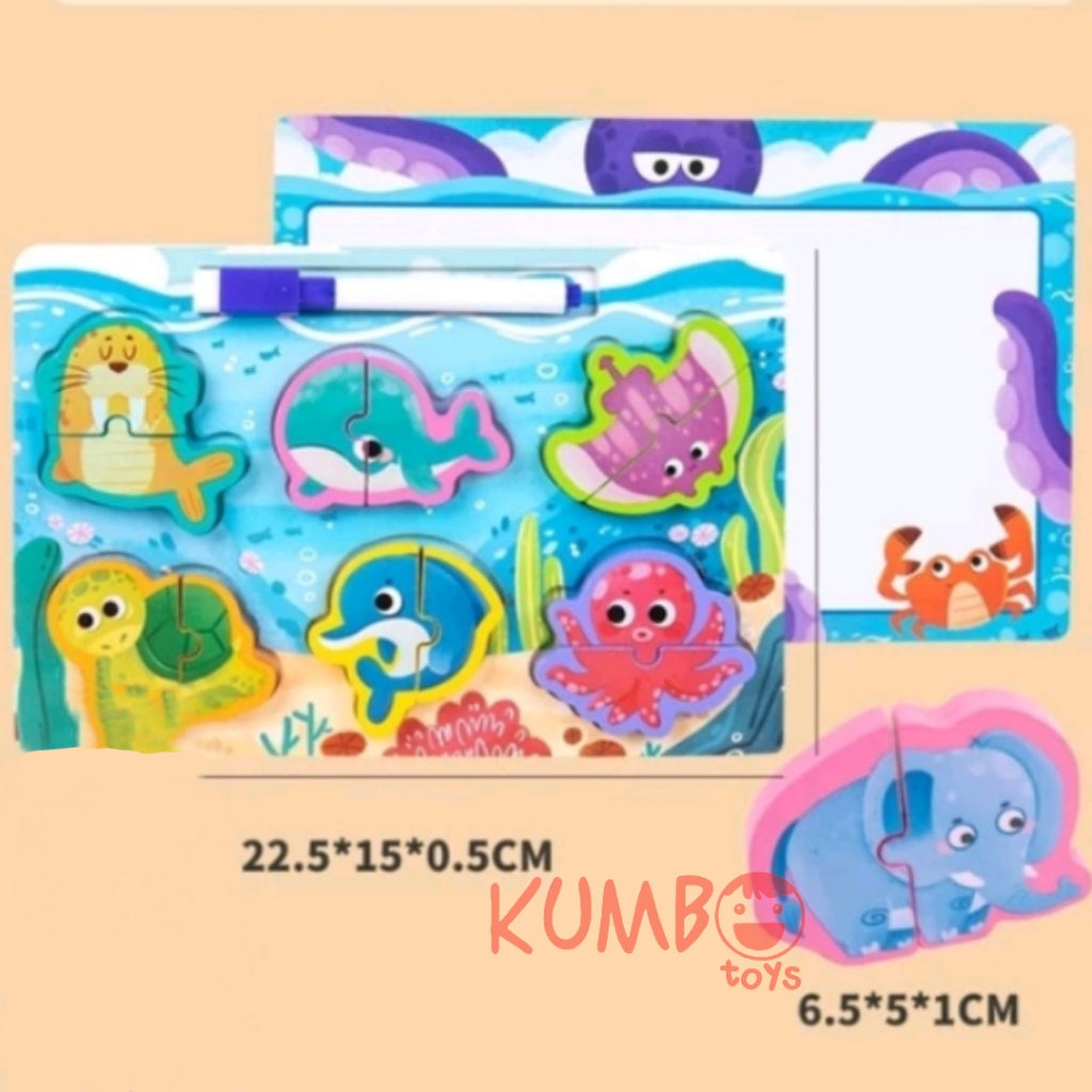 Mainan Edukasi Anak Puzzle 3D Chunky Kayu Papan Tulis 2 in 1