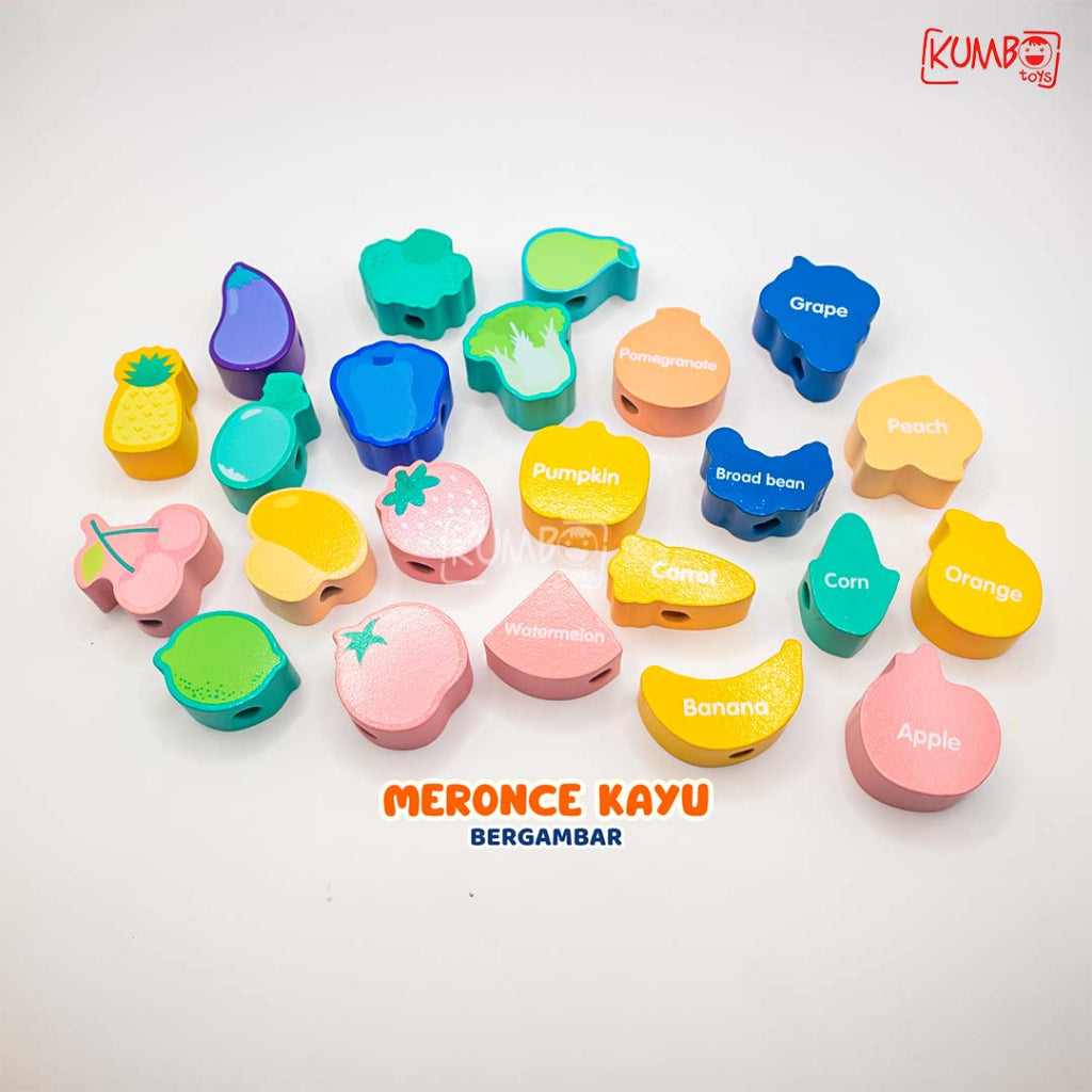 Mainan Edukasi Meronce Kayu Bergambar, 3D Wooden Block Set