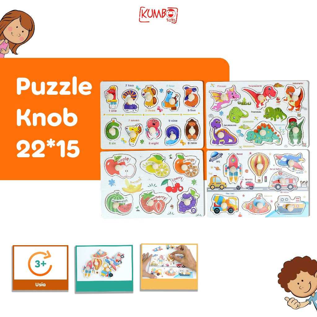 Mainan Edukasi Anak Puzzle Kayu Knob 22 x 15 cm Aneka Gambar