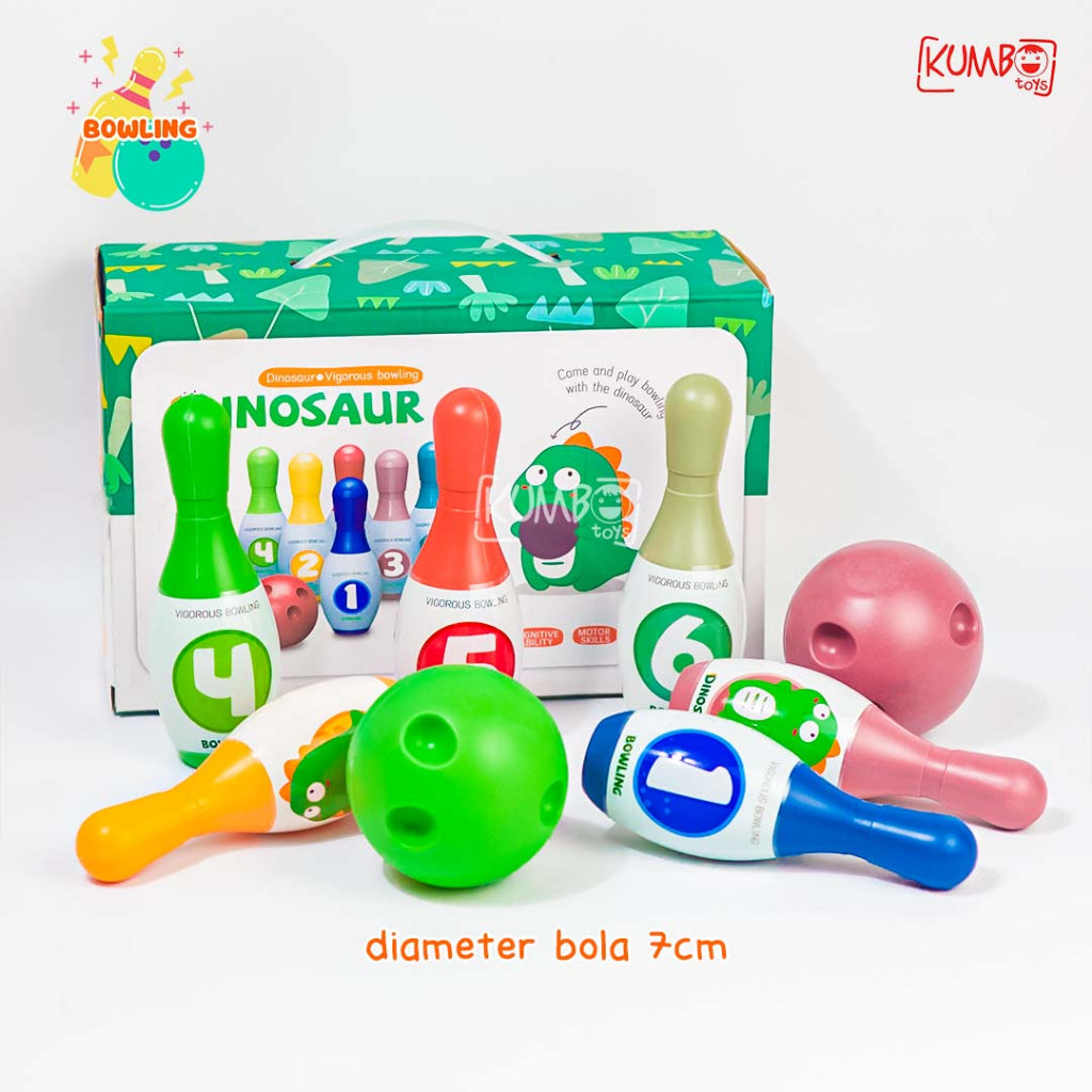 Mainan Edukasi Dinosaur Bowling Ball Set Pin Motif Dinosaurus Olahraga Anak