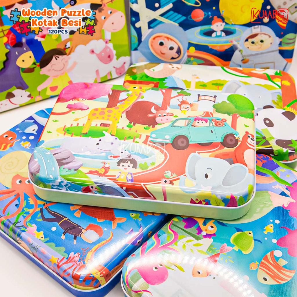 Mainan Edukasi Anak Puzzle Kayu Wooden Kotak Besi 120pcs
