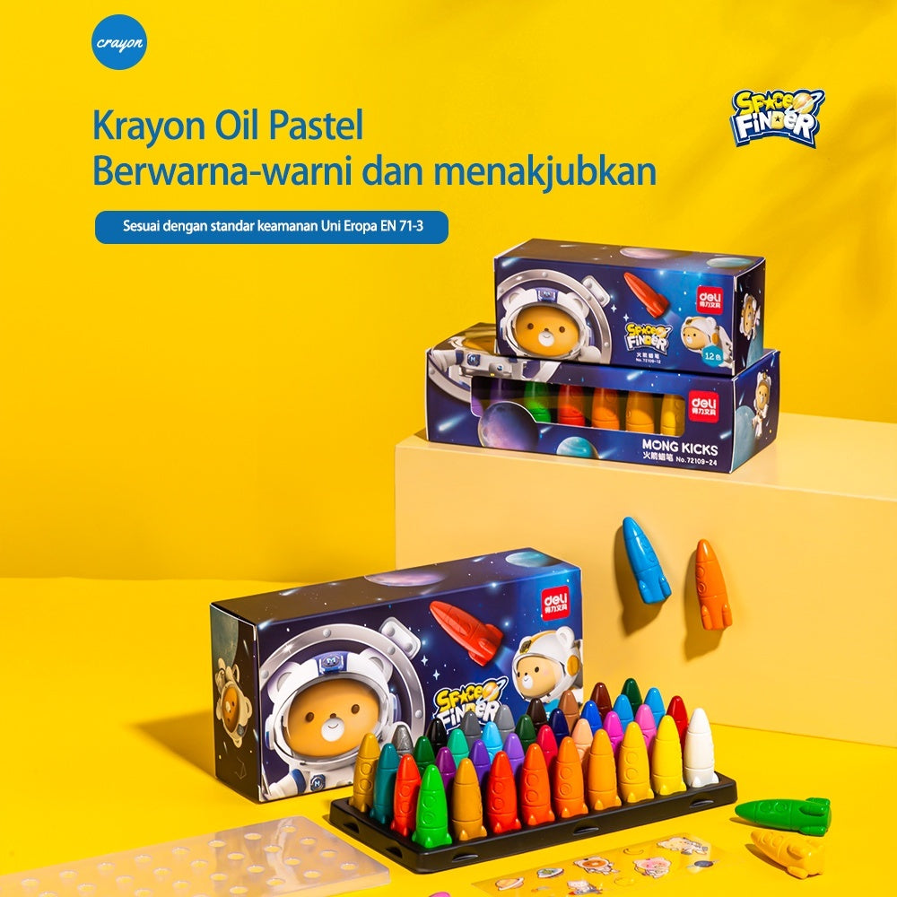 Mainan Edukasi Anak Deli Oil Pastel Krayon anak Bentuk Rocket Space Finder Tidak Mudah Patah Tidak Mengotori Tangan Free Sticker 72109-X