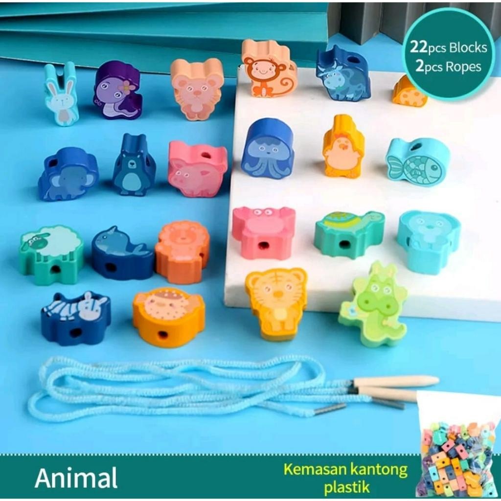 Mainan Edukasi Meronce Kayu Bergambar, 3D Wooden Block Set