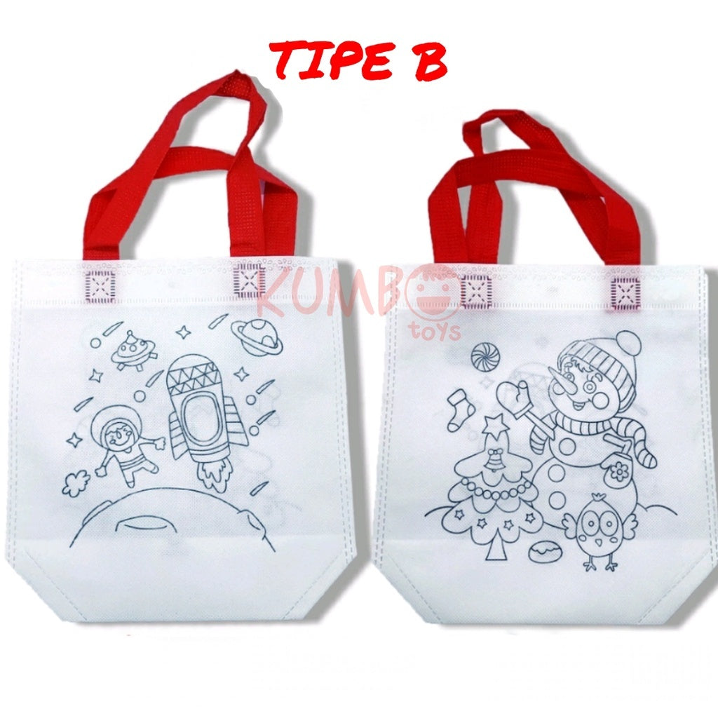 Mainan Edukasi Tas Spundbond Mewarnai 2 Sisi Bergambar DIY Coloring Goodie Bag Souvenir Ulang Tahun