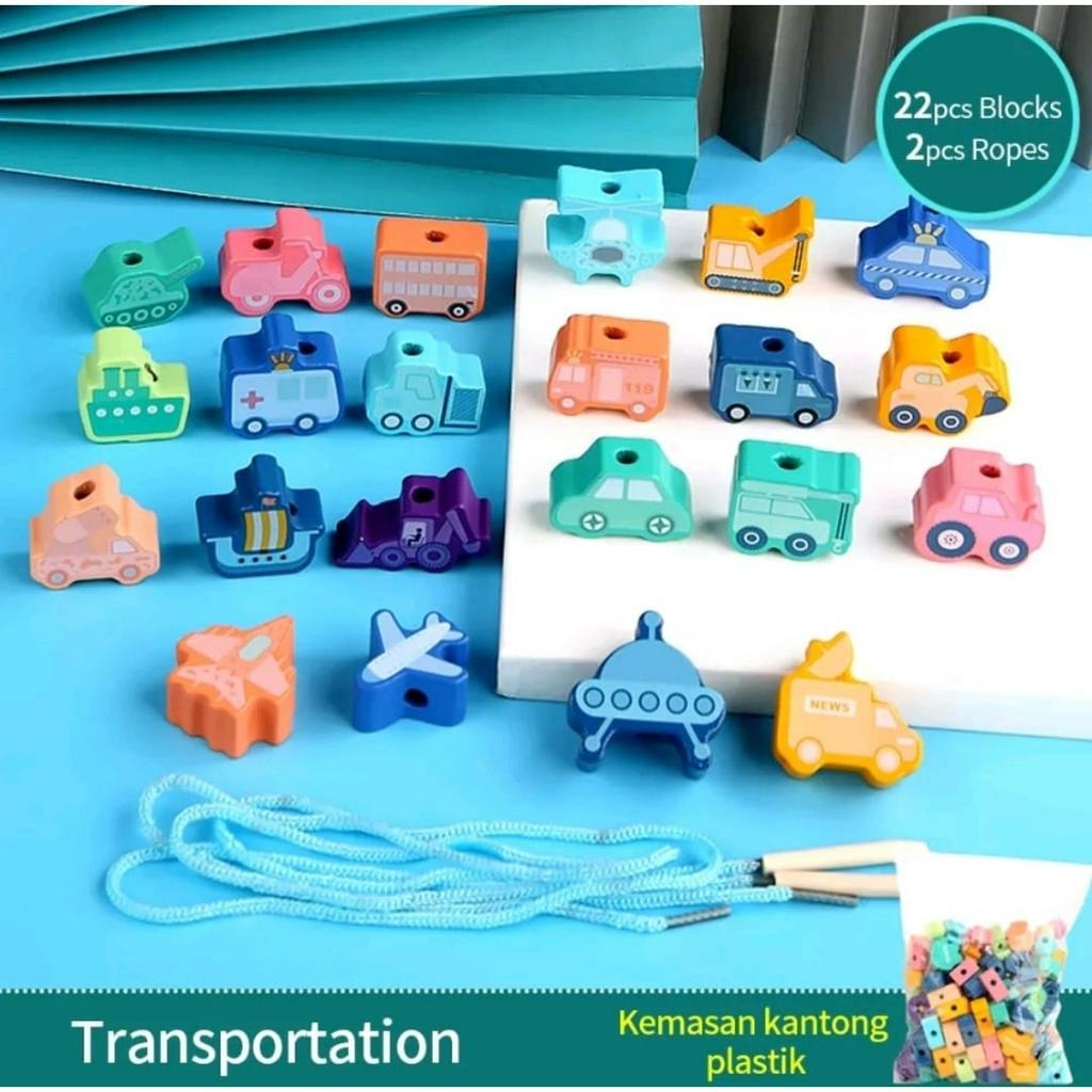 Mainan Edukasi Meronce Kayu Bergambar, 3D Wooden Block Set