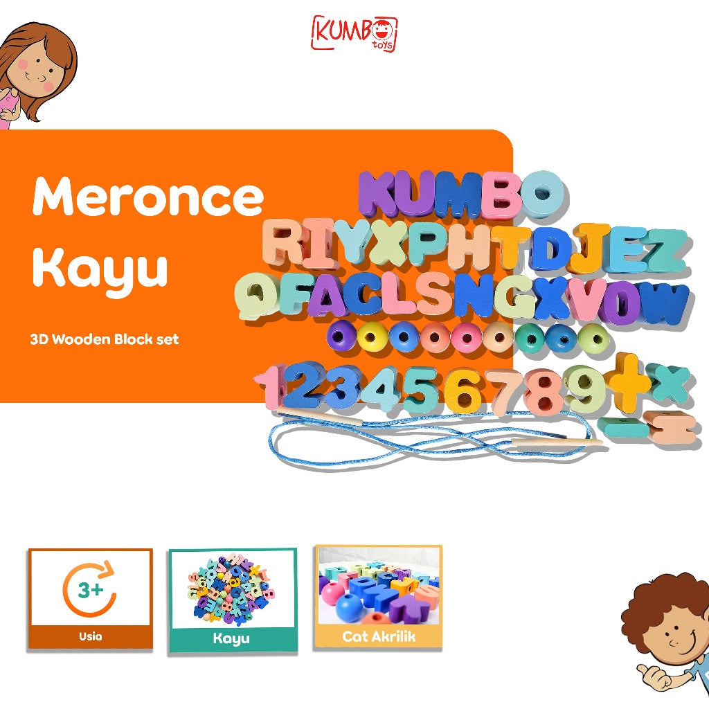 Mainan Edukasi Meronce Kayu Bergambar, 3D Wooden Block Set