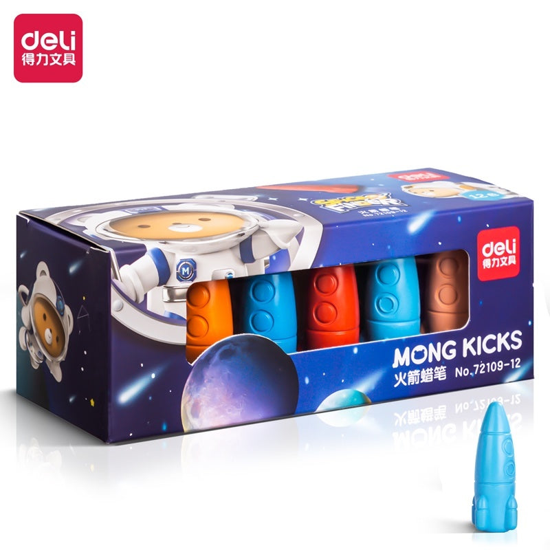 Mainan Edukasi Anak Deli Oil Pastel Krayon anak Bentuk Rocket Space Finder Tidak Mudah Patah Tidak Mengotori Tangan Free Sticker 72109-X