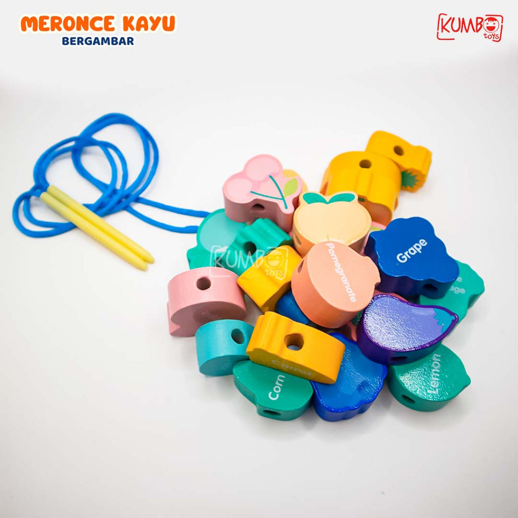 Mainan Edukasi Meronce Kayu Bergambar, 3D Wooden Block Set