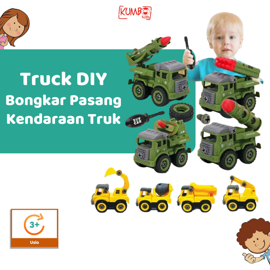 Mainan Edukasi Anak Truck DIY Mobil Mobilan Bongkar Pasang Kendaraan Truk DIY Series Construction Military