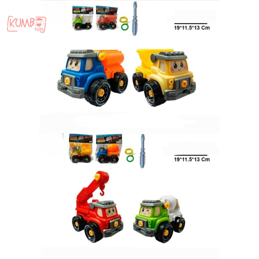 Mainan Edukasi Anak DIY Mobil Bongkar Pasang Truk Molen Truck Mixer Dump Tanker Crane Truck Karakter Lucu