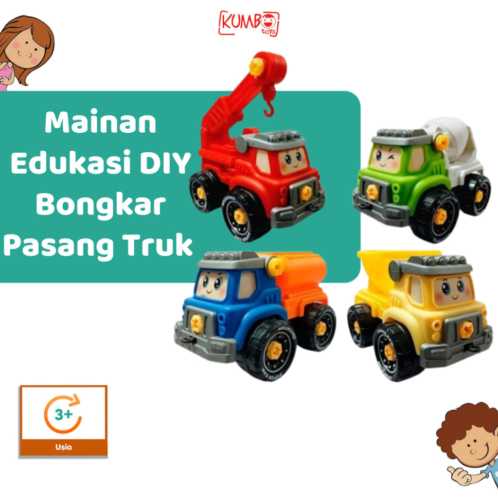 Mainan Edukasi Anak DIY Mobil Bongkar Pasang Truk Molen Truck Mixer Dump Tanker Crane Truck Karakter Lucu