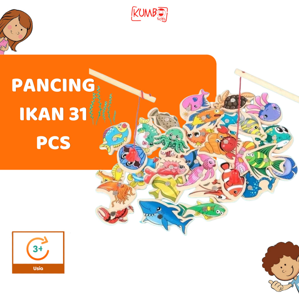 Mainan Edukasi Anak Pancing Ikan Magnet Kayu 31 PCS