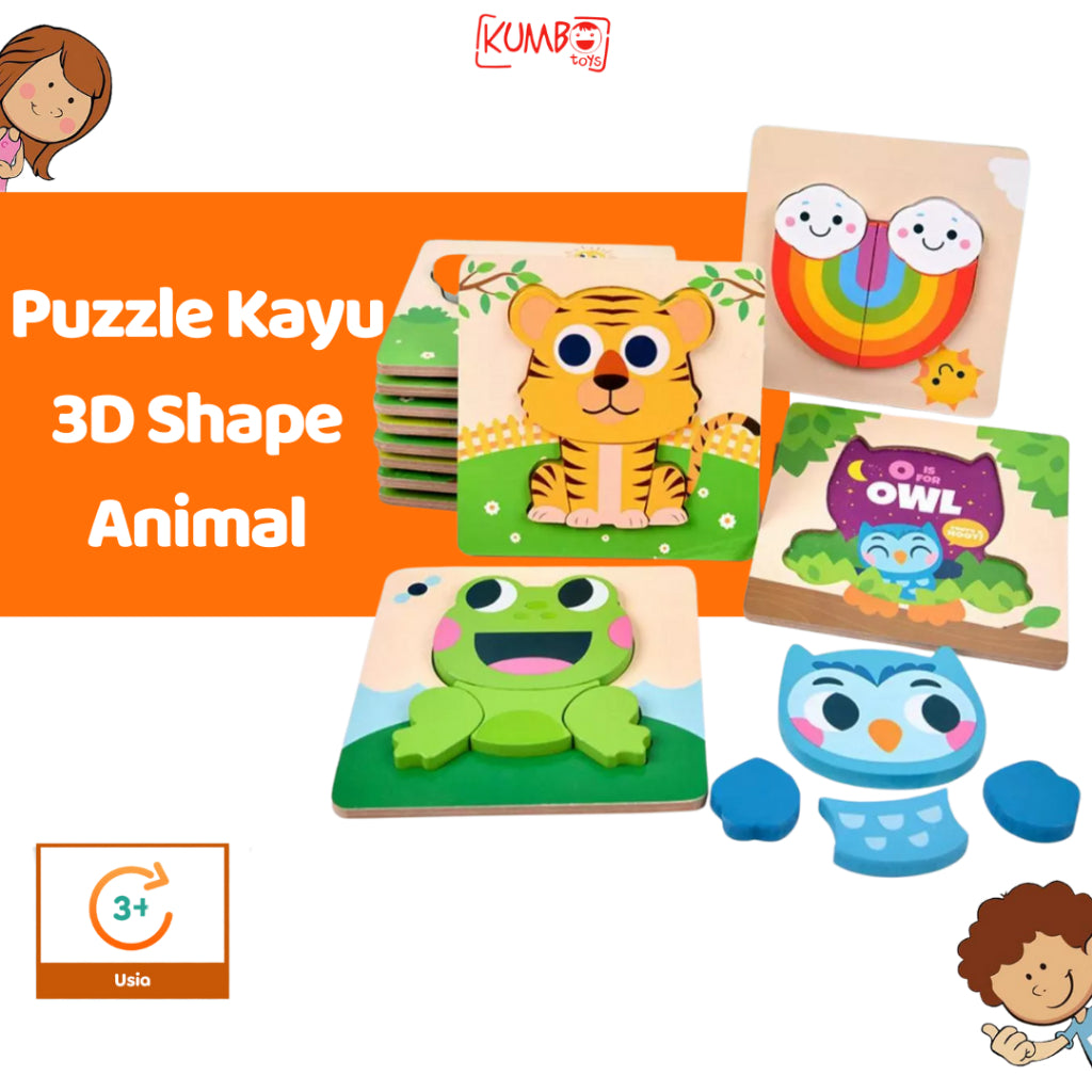 Mainan Edukasi Anak Puzzle Kayu 3D Shape Animal Aneka Bentuk Warna