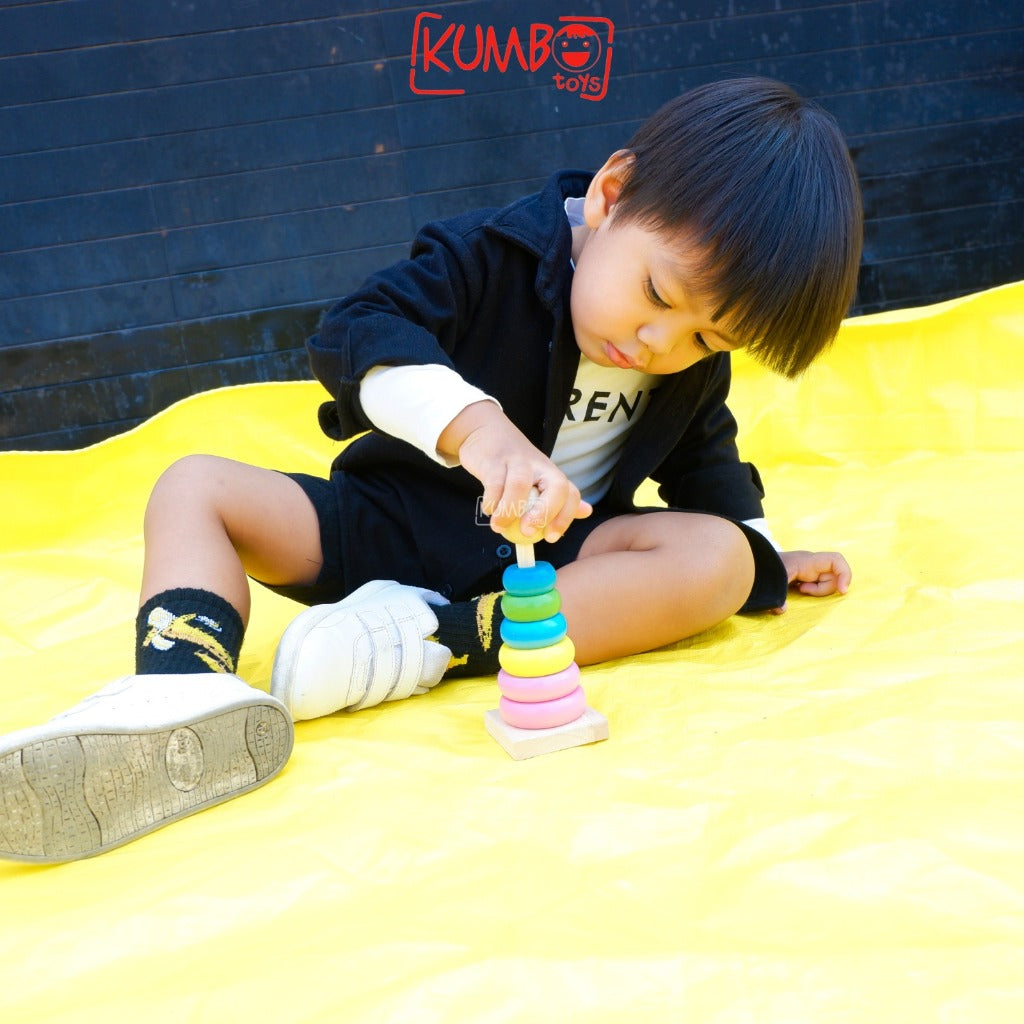 Mainan Susun Anak Rainbow Tower Menara Donat Mainan Balok Kayu