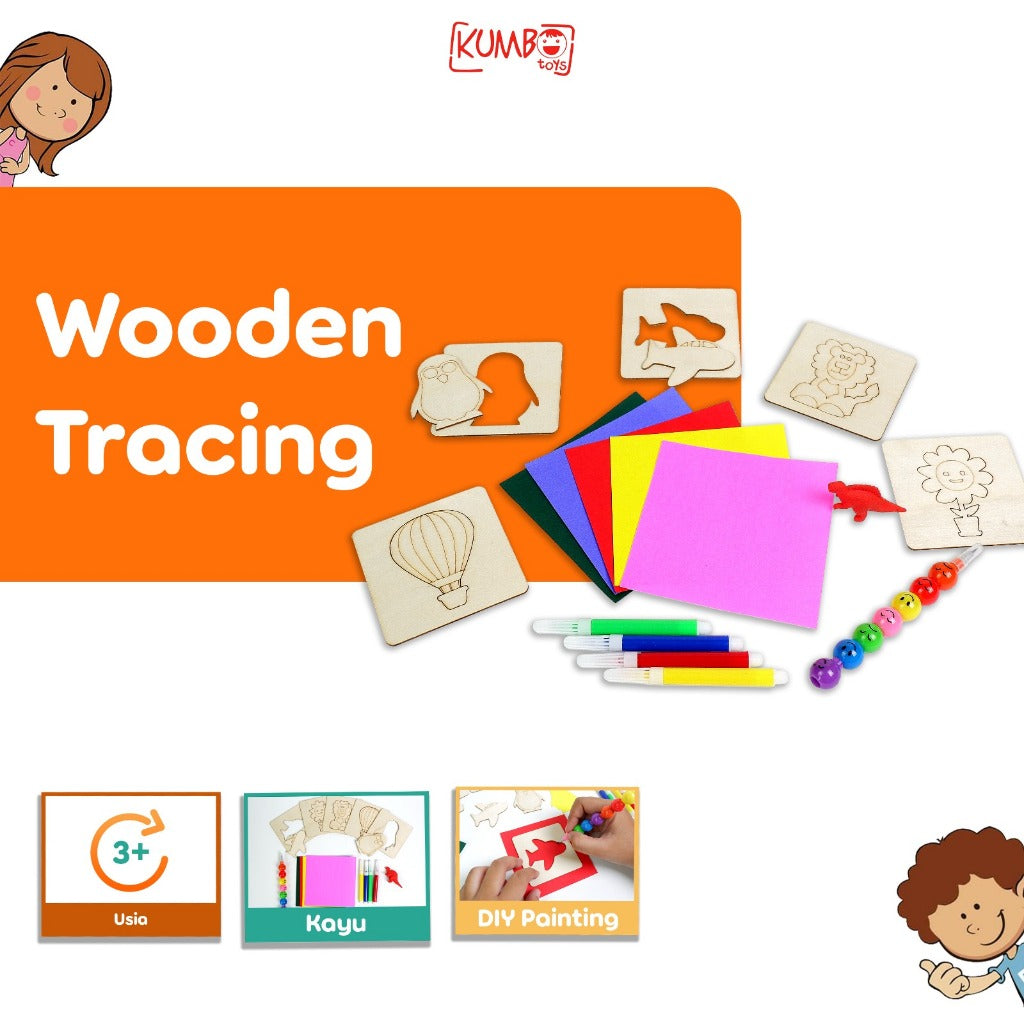 Mainan Edukasi Anak Wood Tracing Board Set Mainan Kreatifitas Menjiplak Mewarnai Menggambar