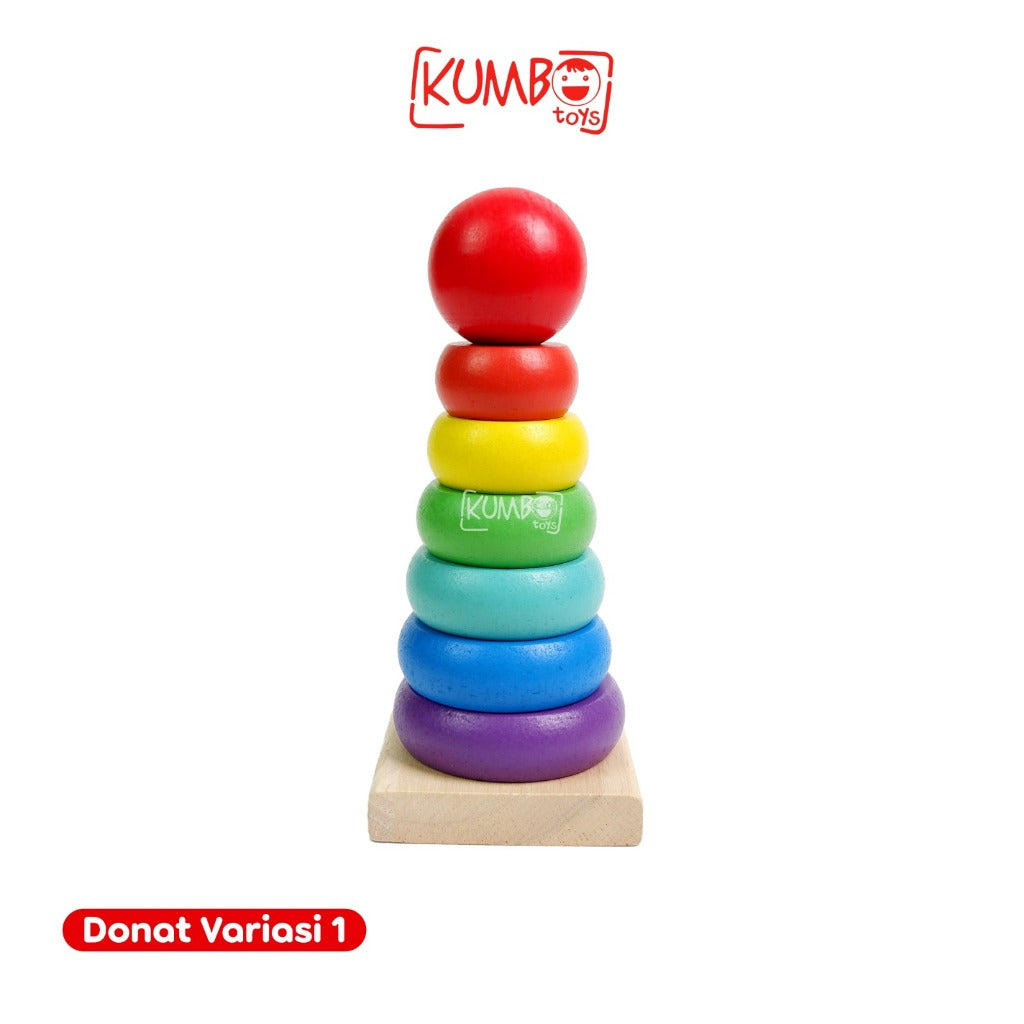 Mainan Susun Anak Rainbow Tower Menara Donat Mainan Balok Kayu