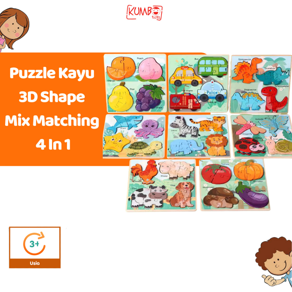 Mainan Edukasi Anak Puzzle Kayu 3D Shape Mix Matching 4 In 1 Puzzle Kayu Anak