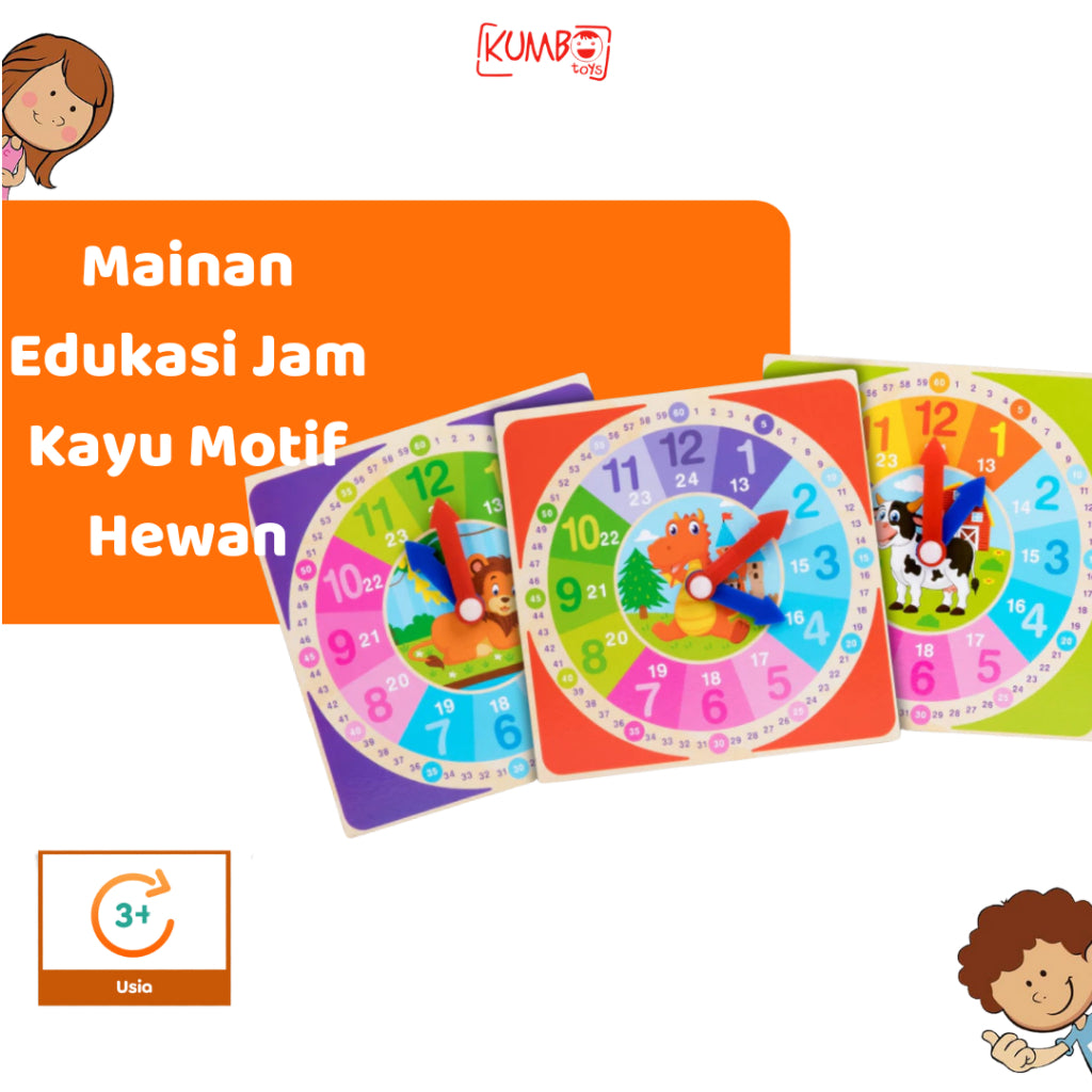 Mainan Edukasi Anak Jam Motif Hewan Wooden Clock Animal