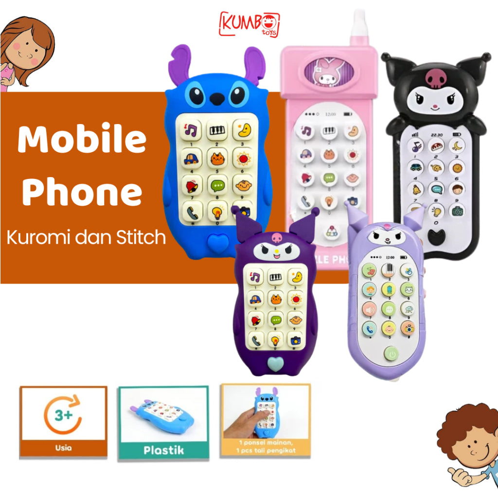 Mainan Anak Bayi Mobile Phone Puzzle Baby Music Handphone Karakter Stitch Kuromi HP Musik