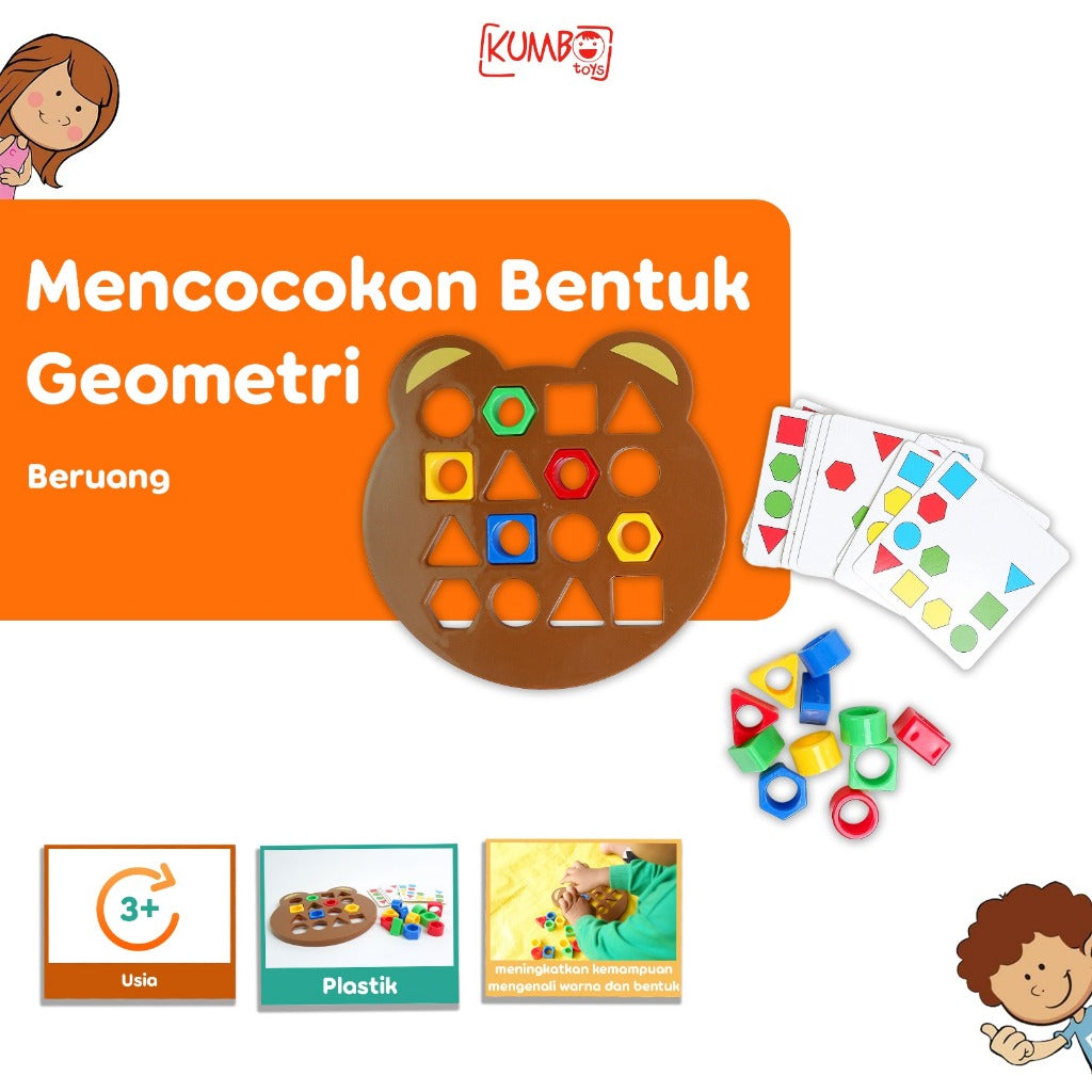 Mainan Edukasi Anak Mencocokan Bentuk Geometri Montessori Toys Beruang Pairing Shape