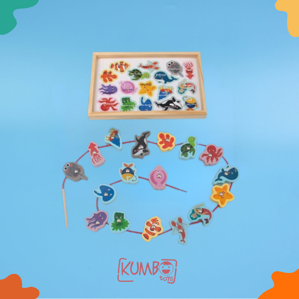 Mainan Edukasi Anak Memancing Dan Meronce Karakter Papan Kayu