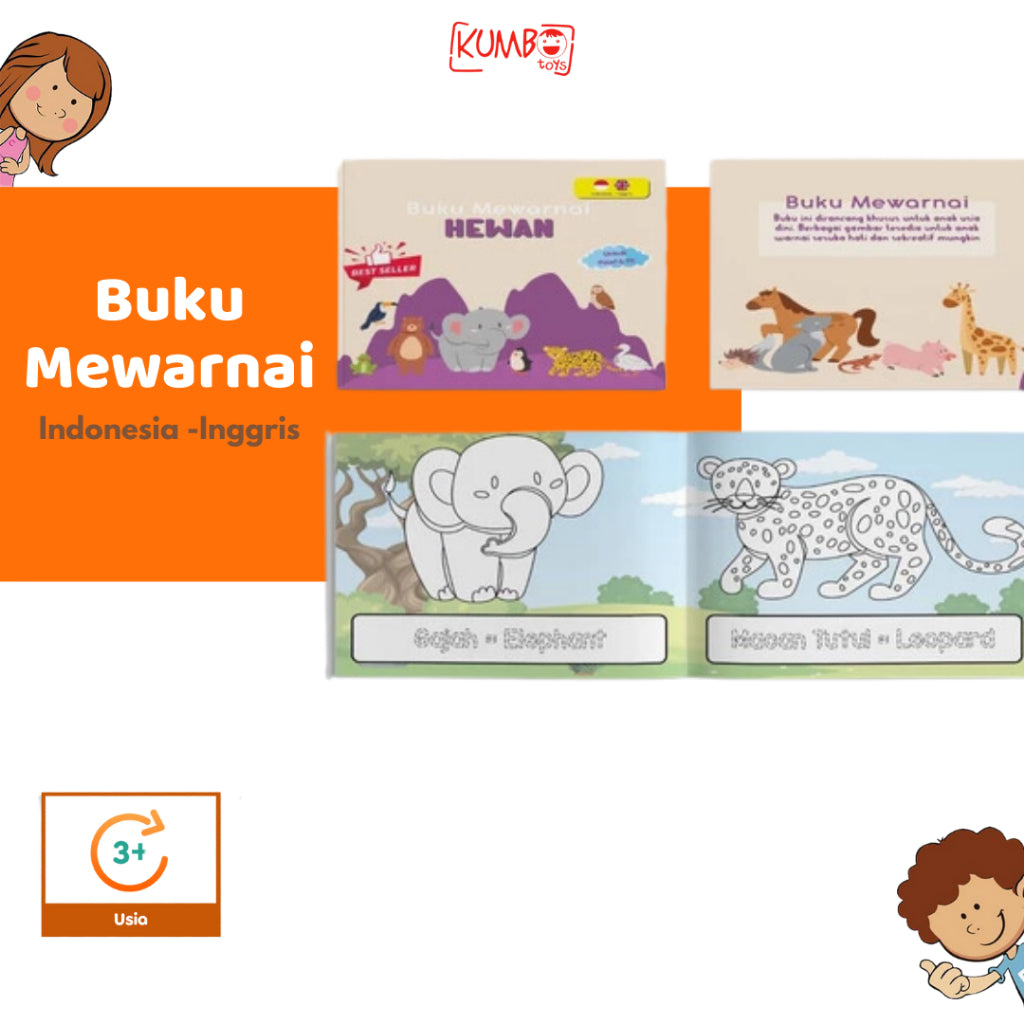 Buku Edukasi Mewarnai Bahasa Indonesia Inggris FullColour Anak TK / Paud Karakter A5