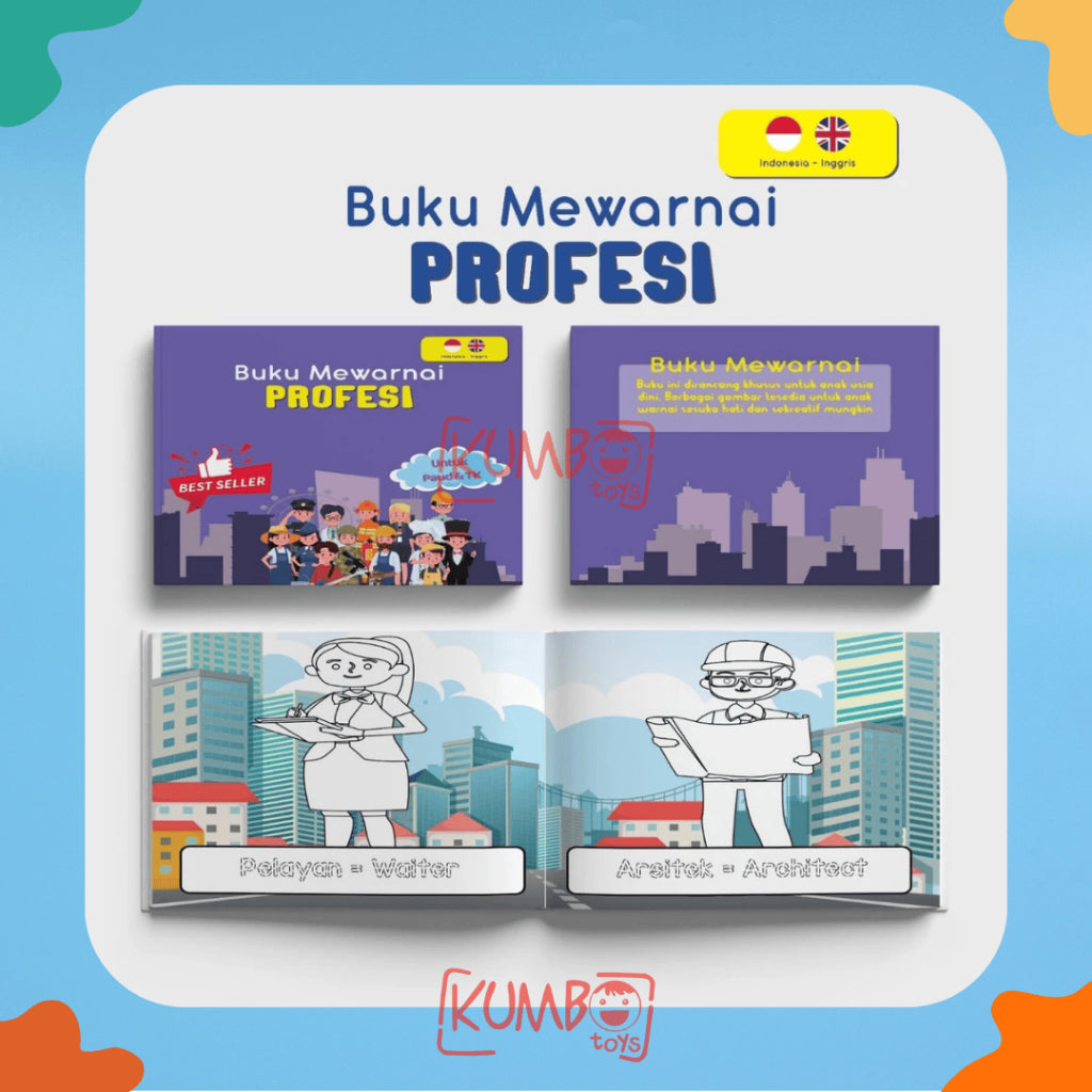 Buku Edukasi Mewarnai Bahasa Indonesia Inggris FullColour Anak TK / Paud Karakter A5