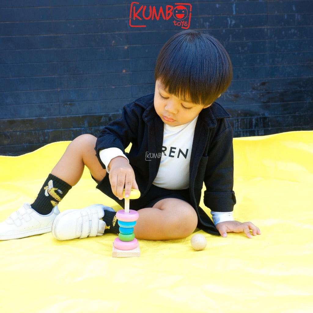 Mainan Susun Anak Rainbow Tower Menara Donat Mainan Balok Kayu
