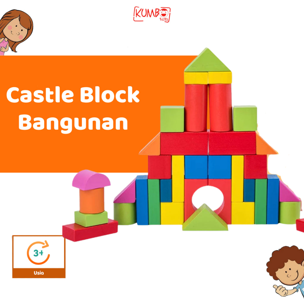 Mainan Edukasi Anak Mini Castle Block Bangunan Kayu Geometri Puzzle Kastil Warna