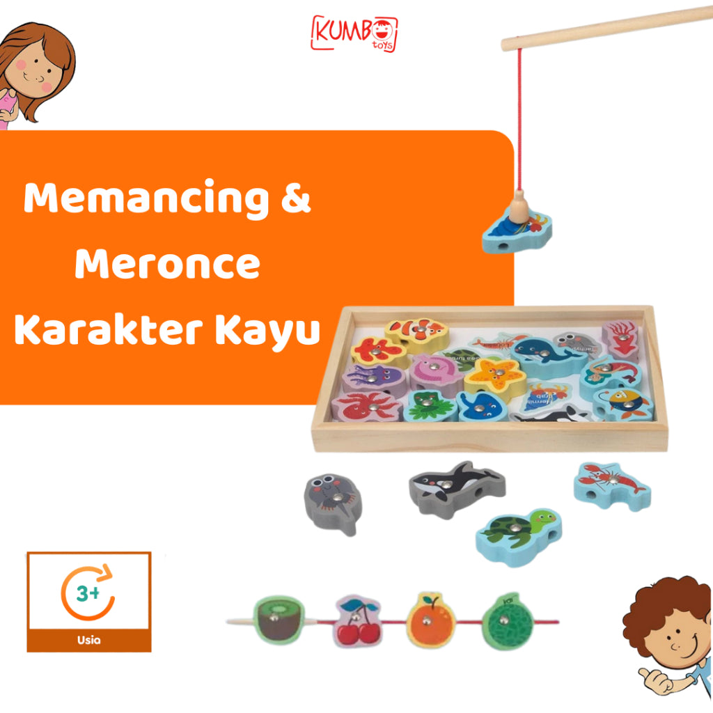 Mainan Edukasi Anak Memancing Dan Meronce Karakter Papan Kayu