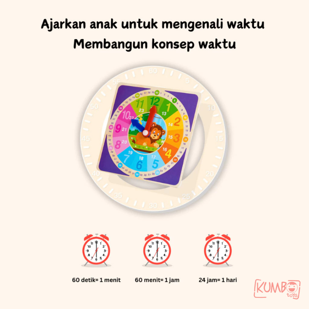 Mainan Edukasi Anak Jam Motif Hewan Wooden Clock Animal