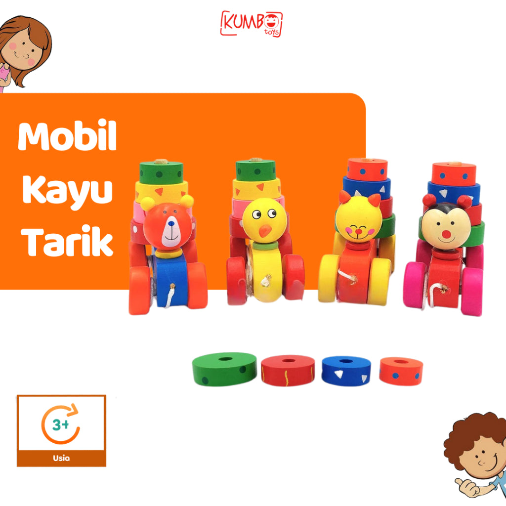 Mainan Edukasi Anak Mobil Kayu Tarik Motif Hewan Basic Pull Along Car Shape Animal