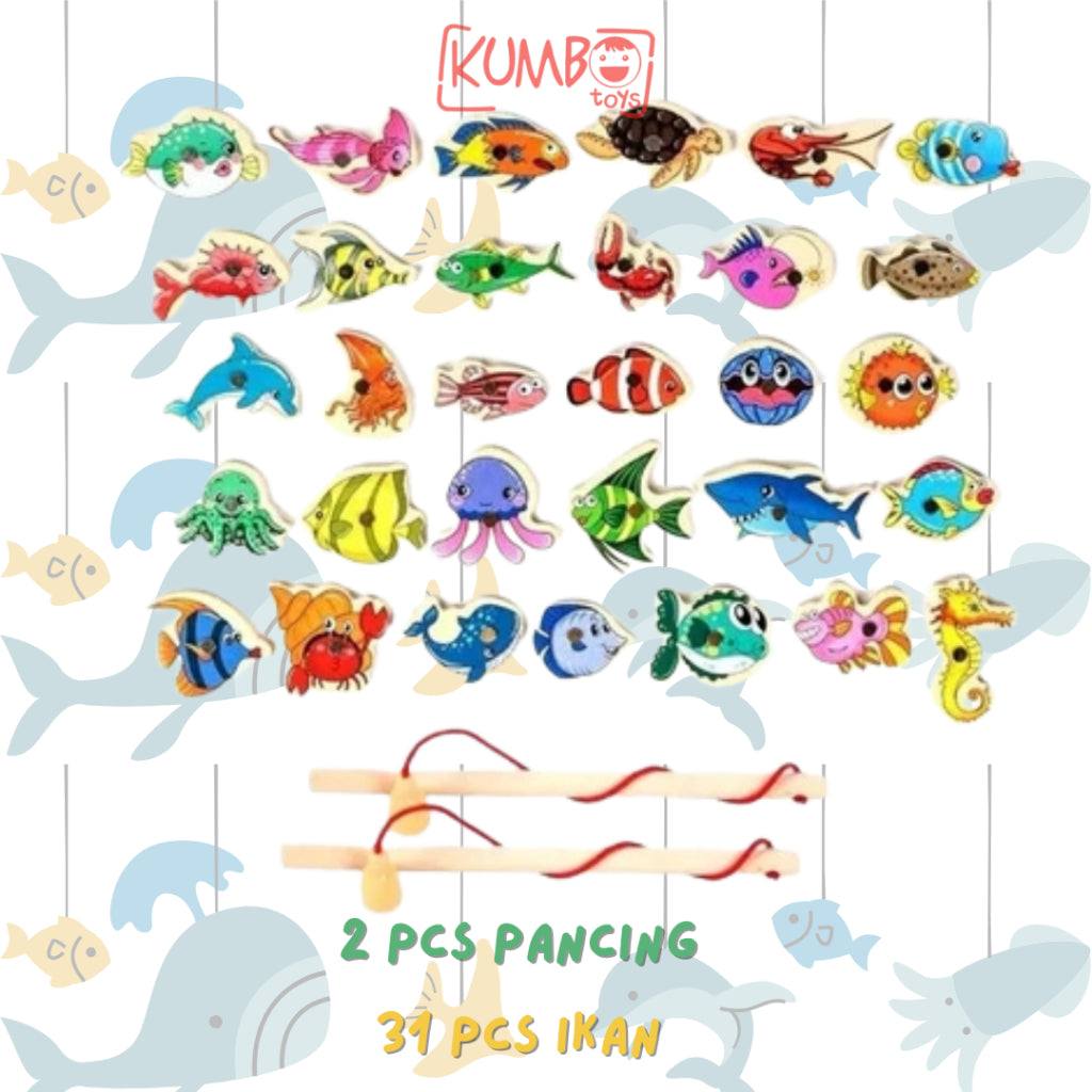 Mainan Edukasi Anak Pancing Ikan Magnet Kayu 31 PCS