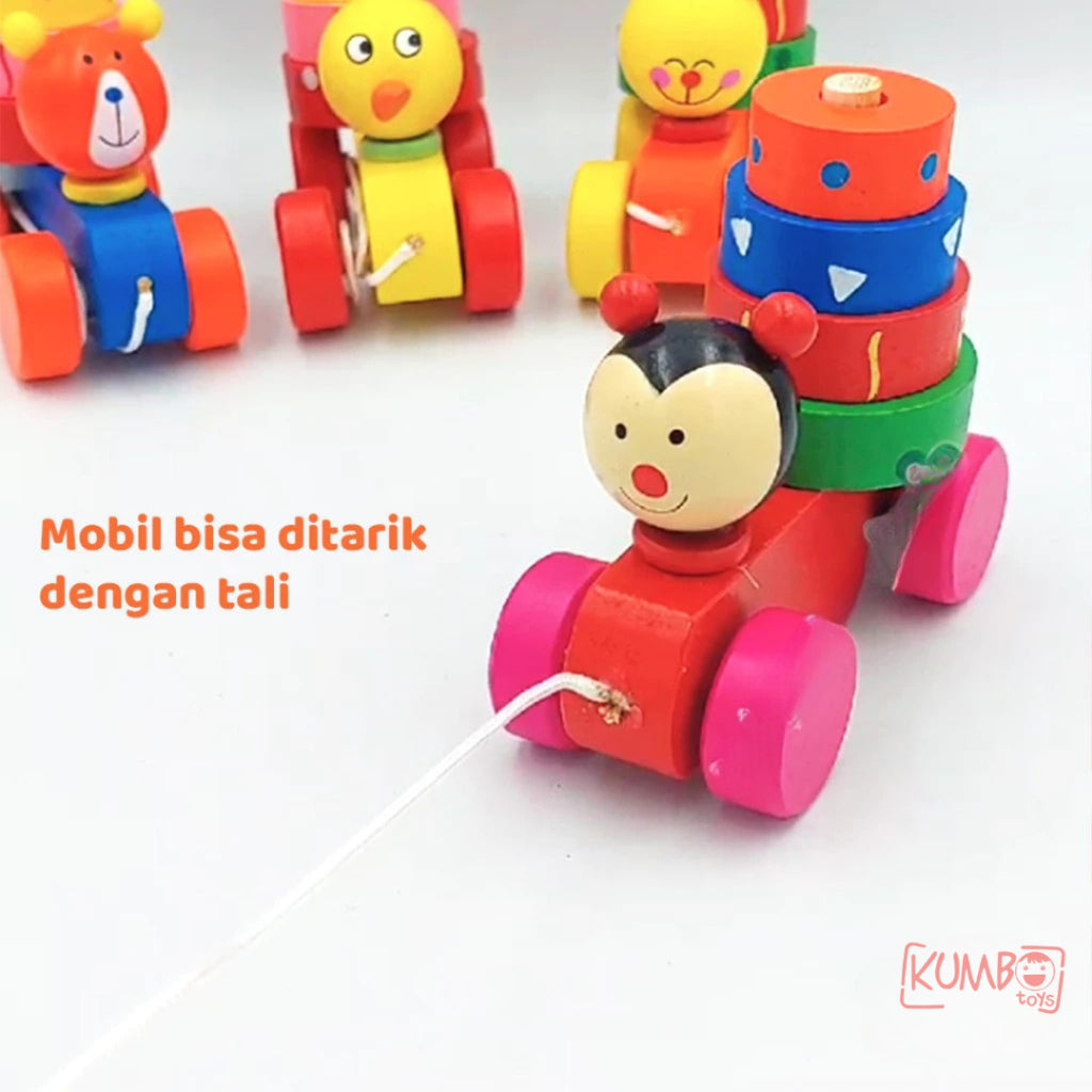Mainan Edukasi Anak Mobil Kayu Tarik Motif Hewan Basic Pull Along Car Shape Animal