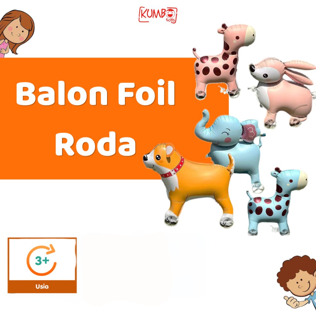 Mainan Anak Balon Foil Roda 4D Karakter Lucu Dengan Tali Mainan Anak Souvenir Ulang Tahun