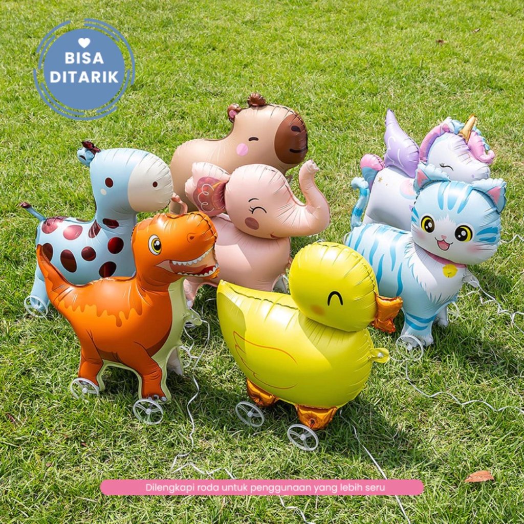 Mainan Anak Balon Foil Roda 4D Karakter Lucu Dengan Tali Mainan Anak Souvenir Ulang Tahun