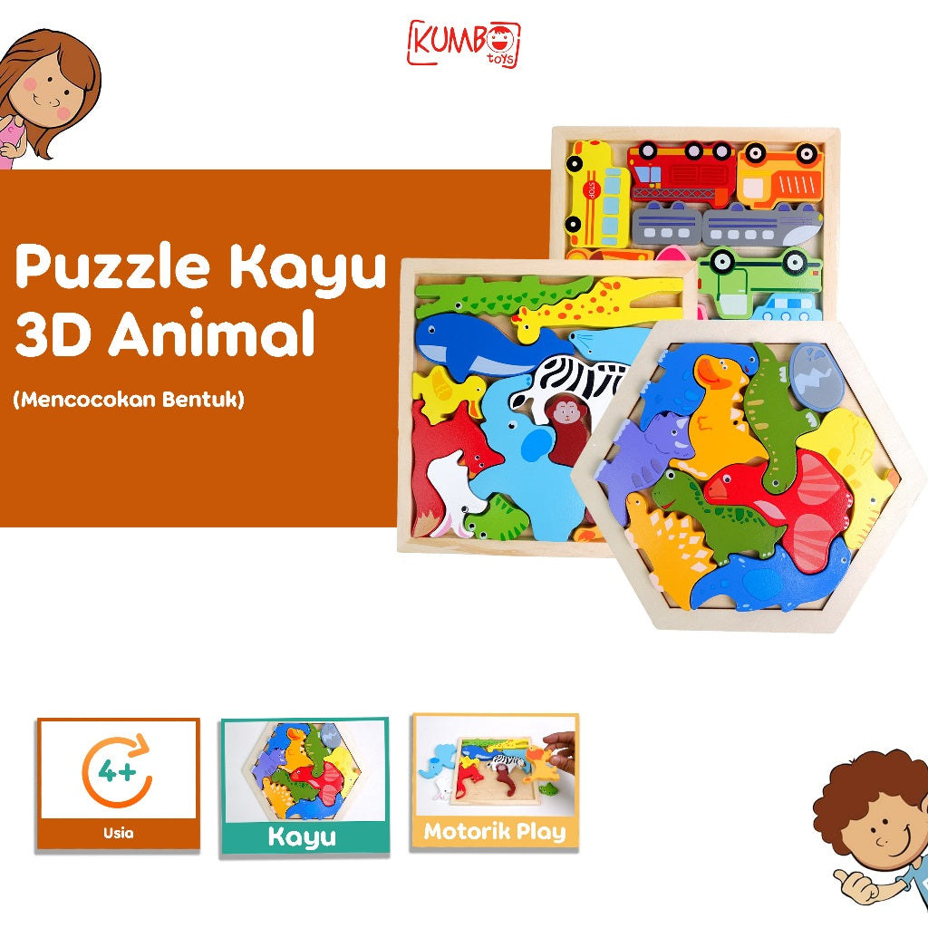 Mainan Puzzle Kayu 3D Animal Mencocokan Bentuk