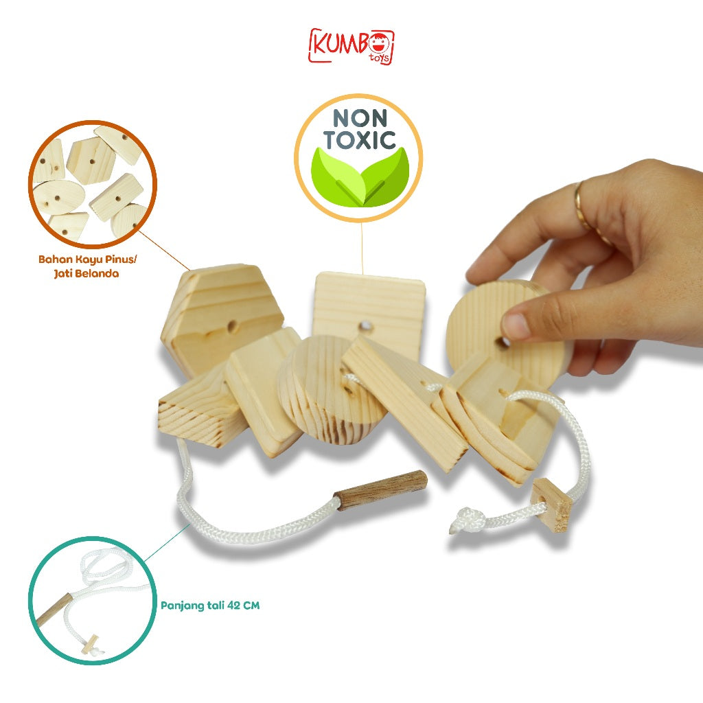 Mainan Edukasi Anak Wooden Lacing Shape Meronce Kayu dan Mencocokan Bentuk